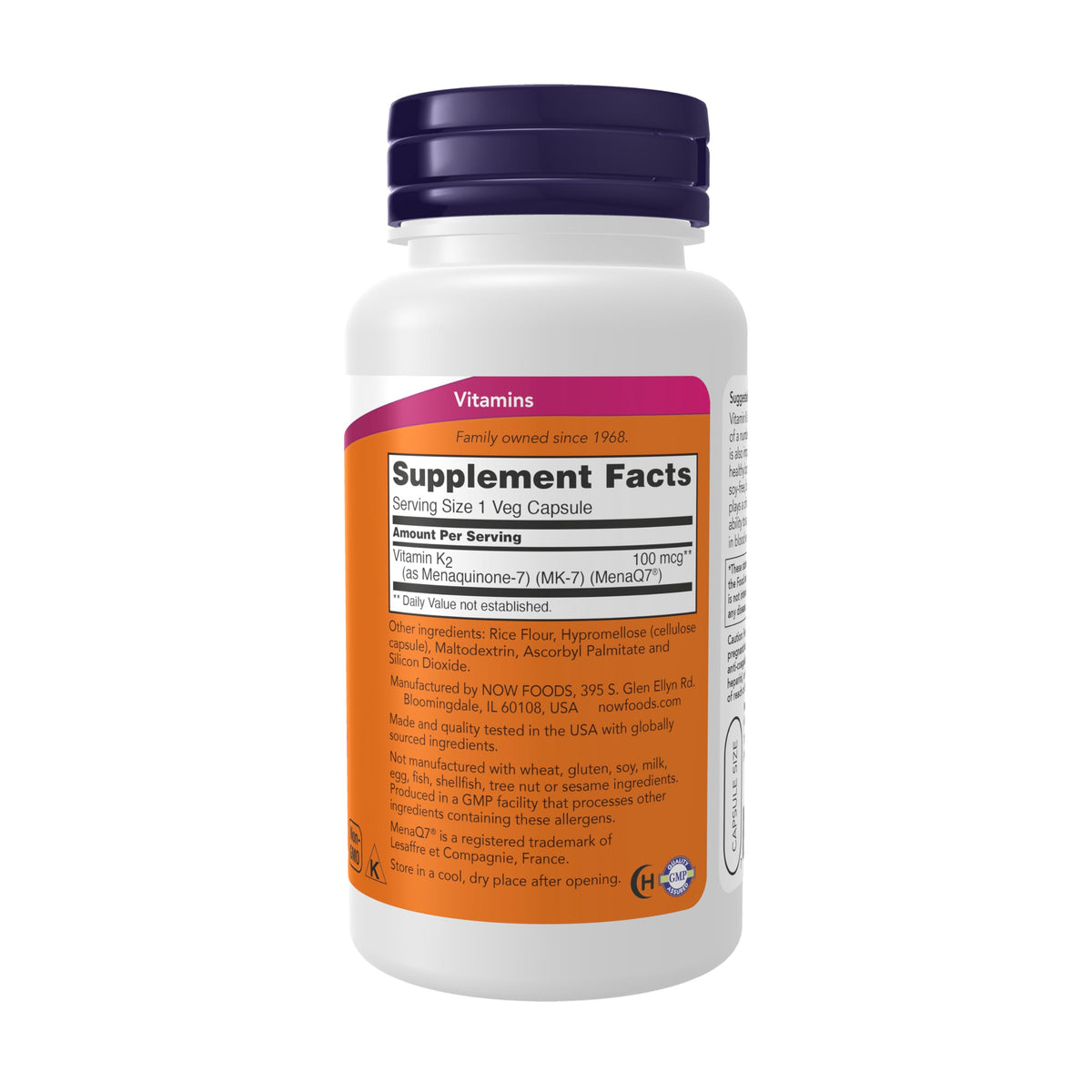 Side angle of NOW Foods Vitamin K2 MK7 120 vegetable capsules packaging showing clear ingredient breakdown.