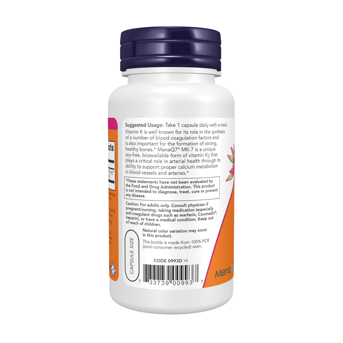 Back label of NOW Foods MenaQ7 Vitamin K2 supplement highlighting supplement facts and serving size details.