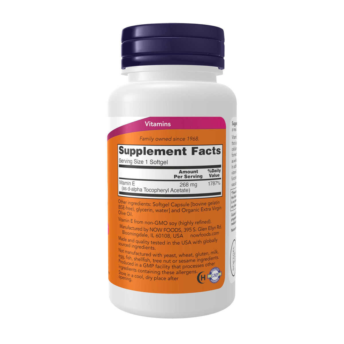NOW Foods Vitamin E 400 IU supplement facts and ingredient label close up