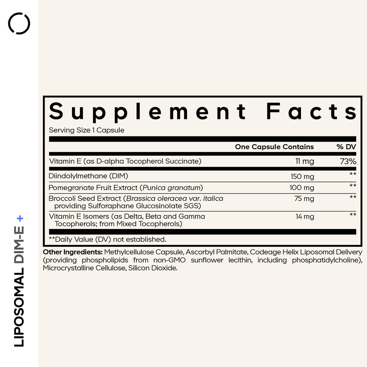 Codeage Liposomal DIM supplement bottle showing supplement facts list and ingredients