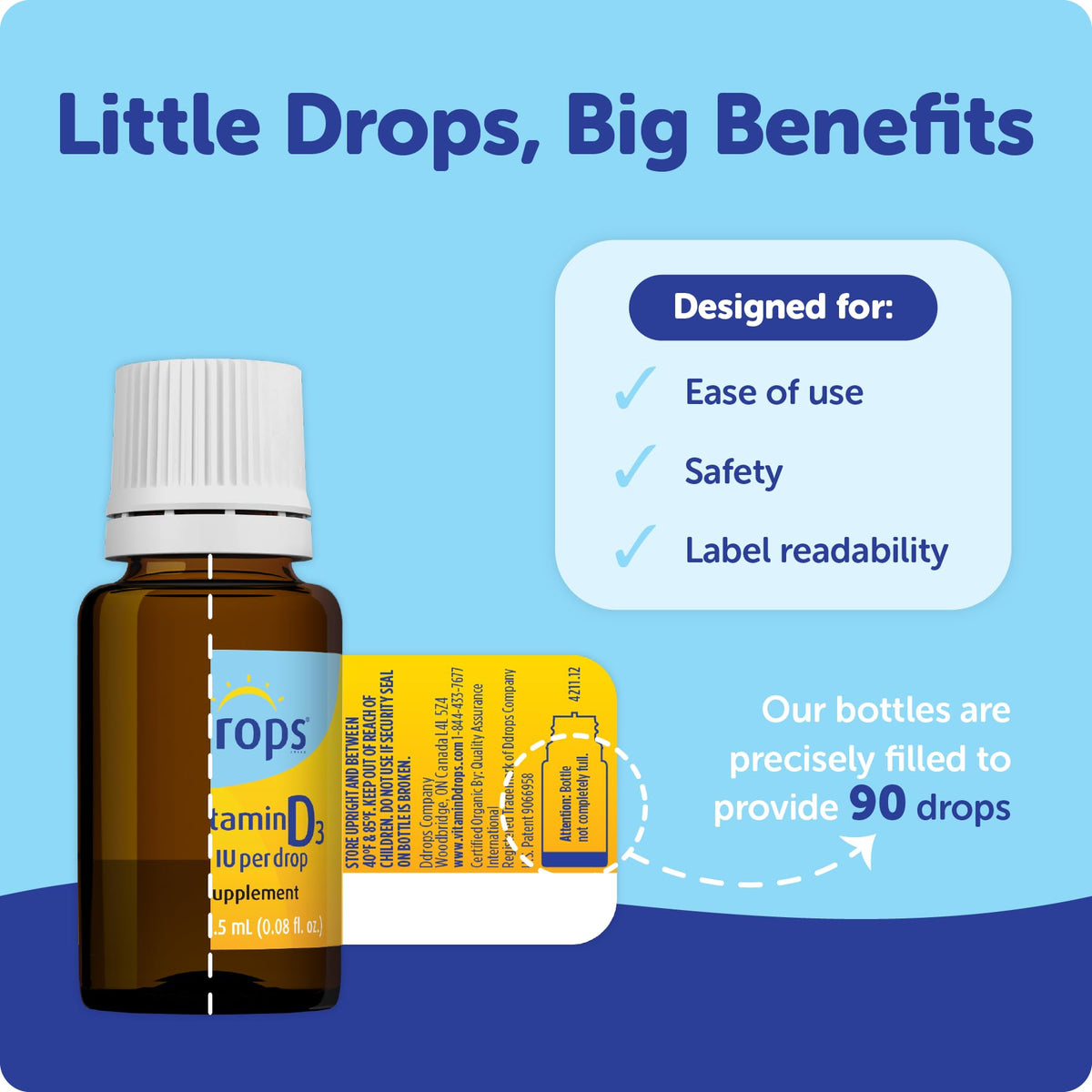 Ddrops Baby Vitamin D3 90 drops bottle showing precise dropper design