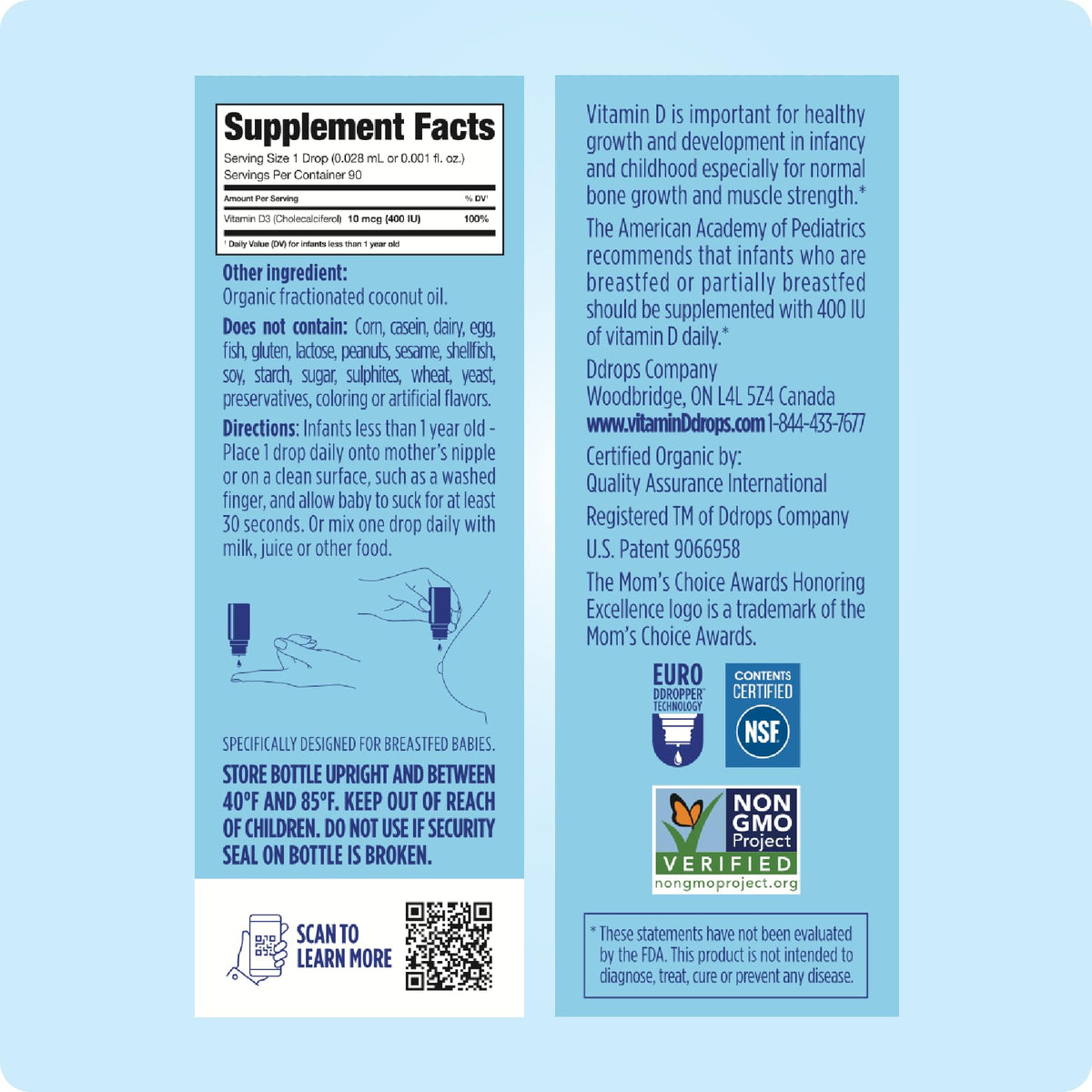 Ddrops Baby Vitamin D3 supplement box showing ingredient list and organic certification