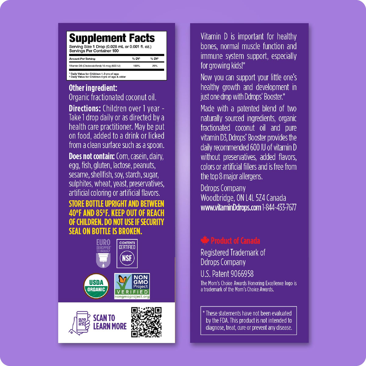 Ddrops daily liquid vitamin D3 for kids ingredient list and supplement facts side panel