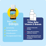 Ddrops Baby Vitamin D3 allergen free liquid drops side panel warnings and storage info