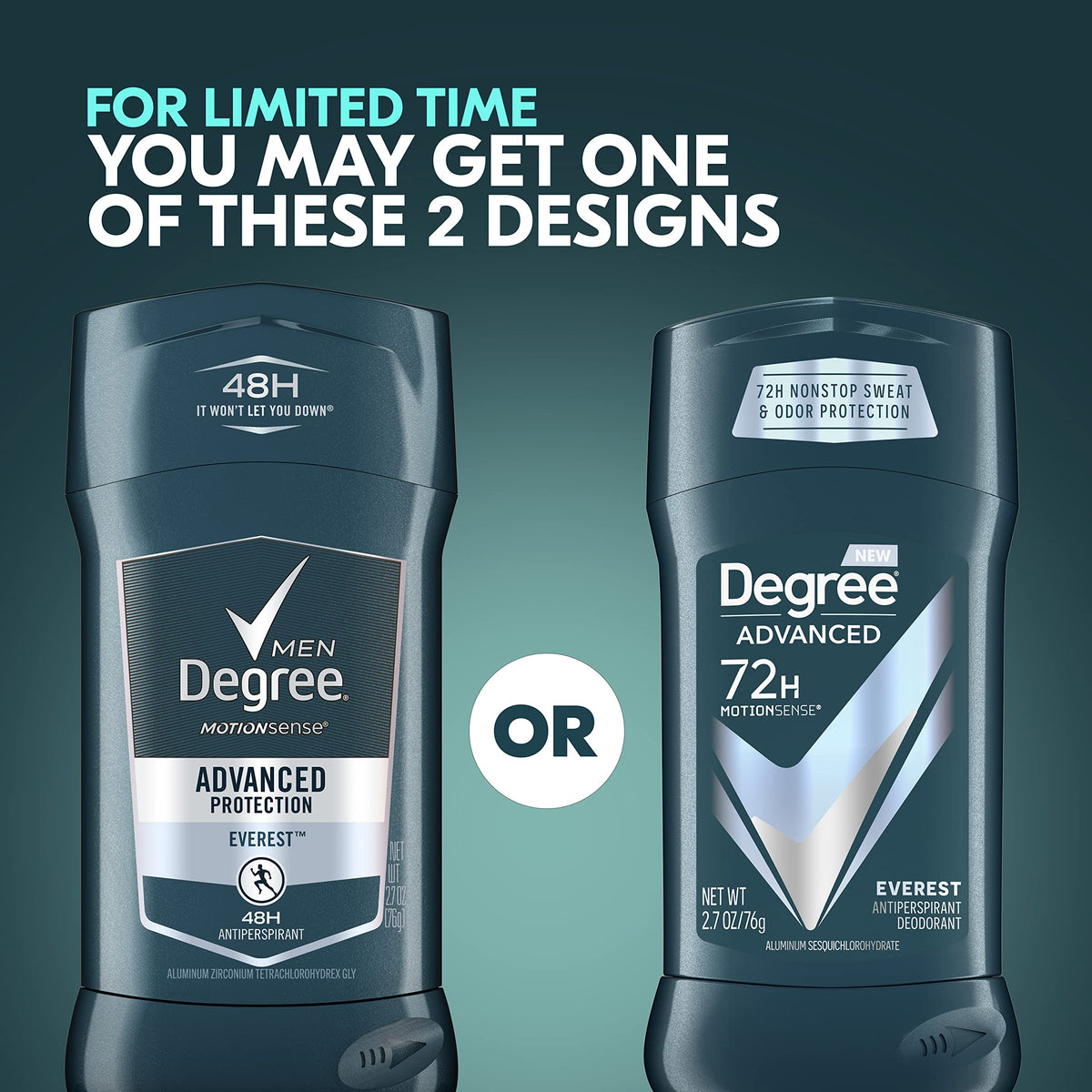 Degree Men Advanced Protection Everest deodorant stick set showcasing the motion-activated formula details.