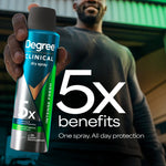 Degree Clinical 5X protection dry spray container illustrating intense freshness benefits.