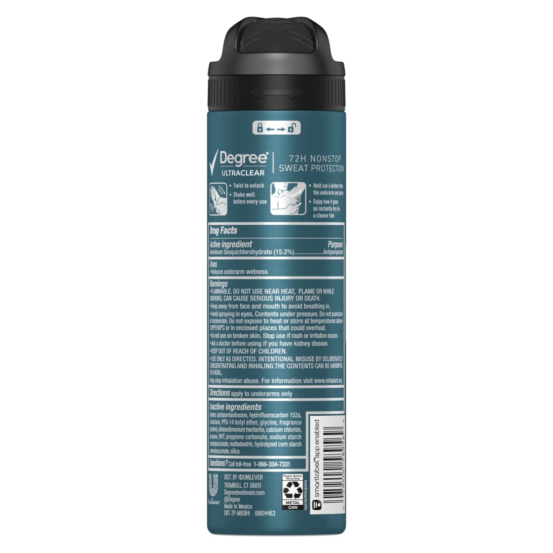 Degree Men sweat protection spray bottle displaying seventy two hour protection and anti stain labels