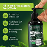 Back label of Derma-Nu organic antifungal body wash detailing natural ingredients