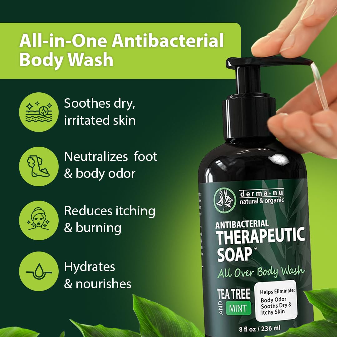 Back label of Derma-Nu organic antifungal body wash detailing natural ingredients