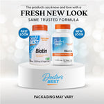 Side view of Doctors Best Biotin supplement bottle displaying the science based nutrition logo and key vegan claims.