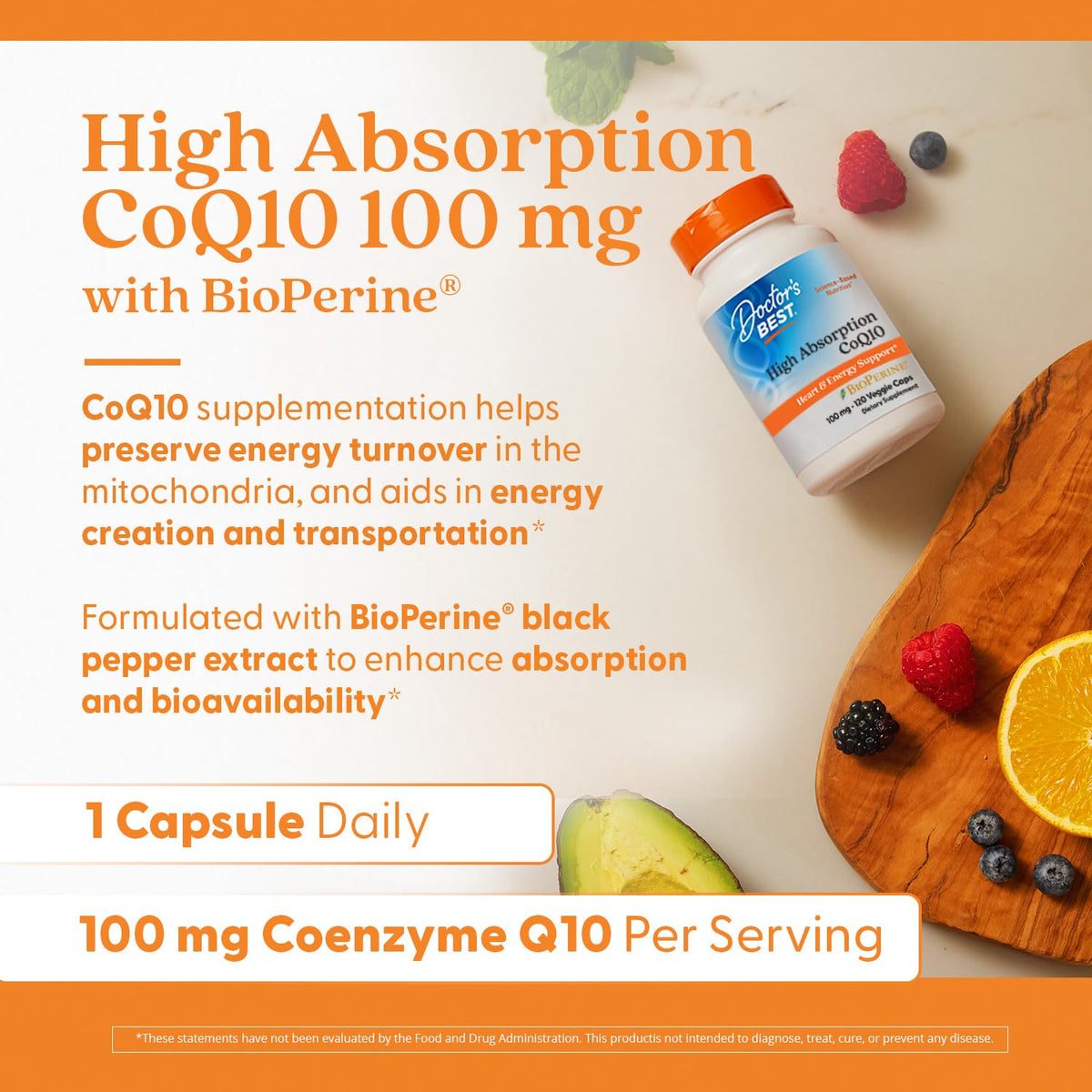 Authentic USA imported Doctor's Best CoQ10 capsule size visual on white background