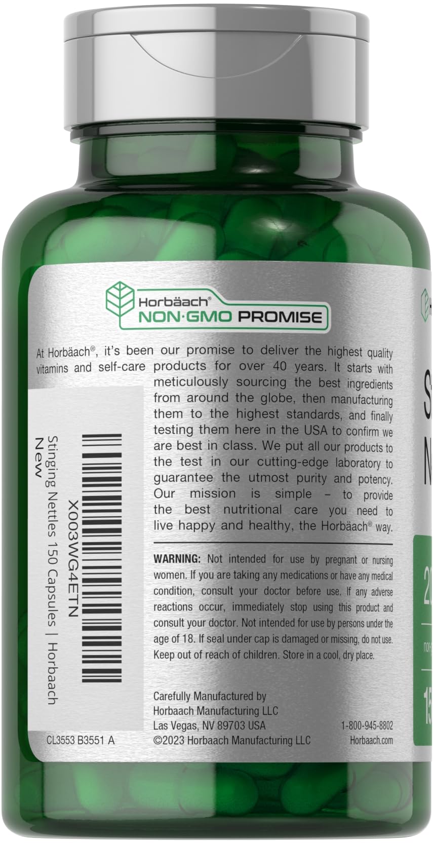 Horbäach Stinging Nettle quick release capsules displayed next to the product bottle