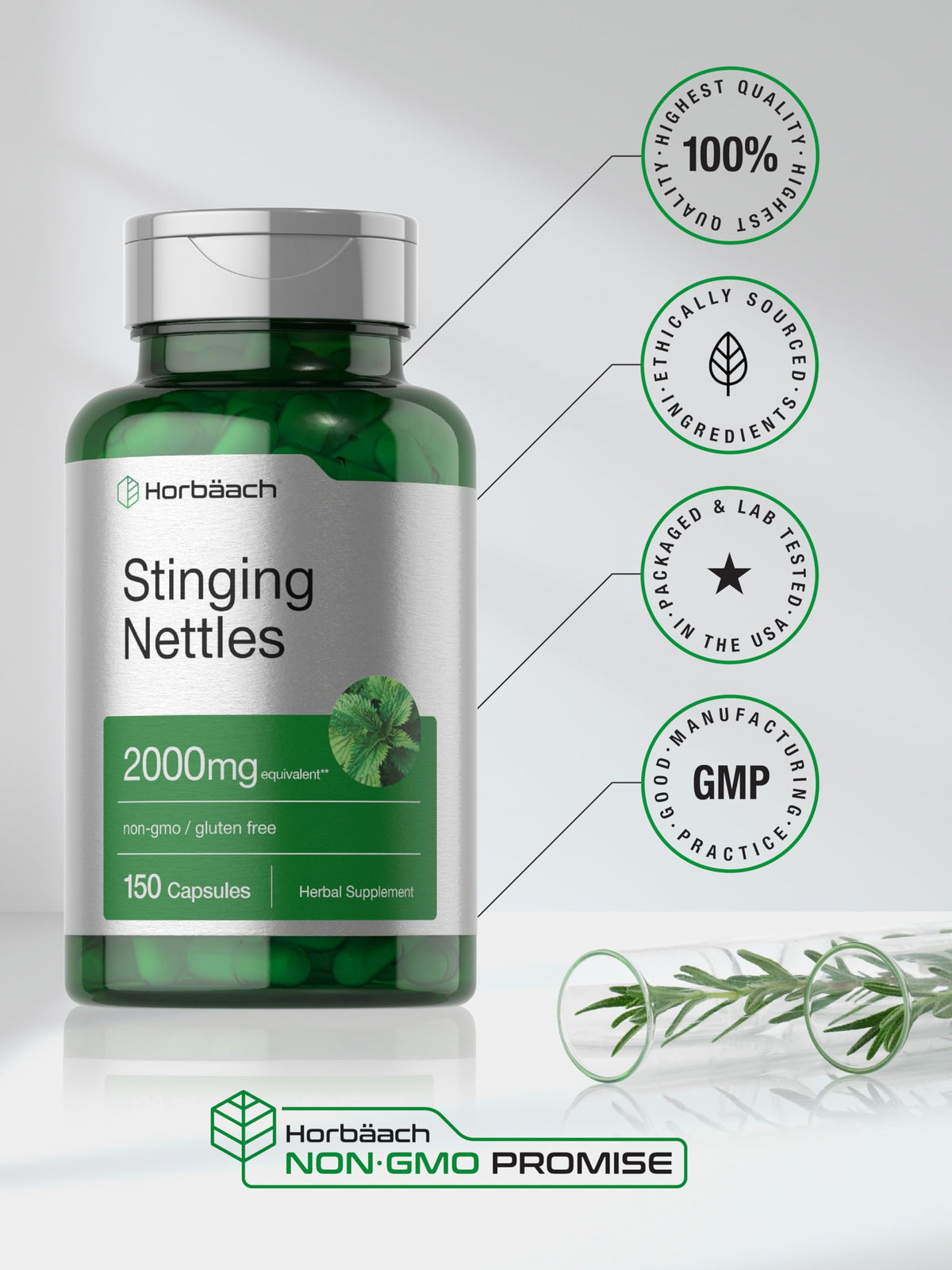 Horbäach Stinging Nettle 150 count bottle showing dosage instructions