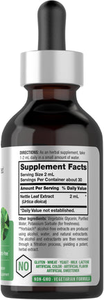 Horbäach stinging nettle liquid extract tincture 2 fluid ounces packaging detail showing non GMO verification