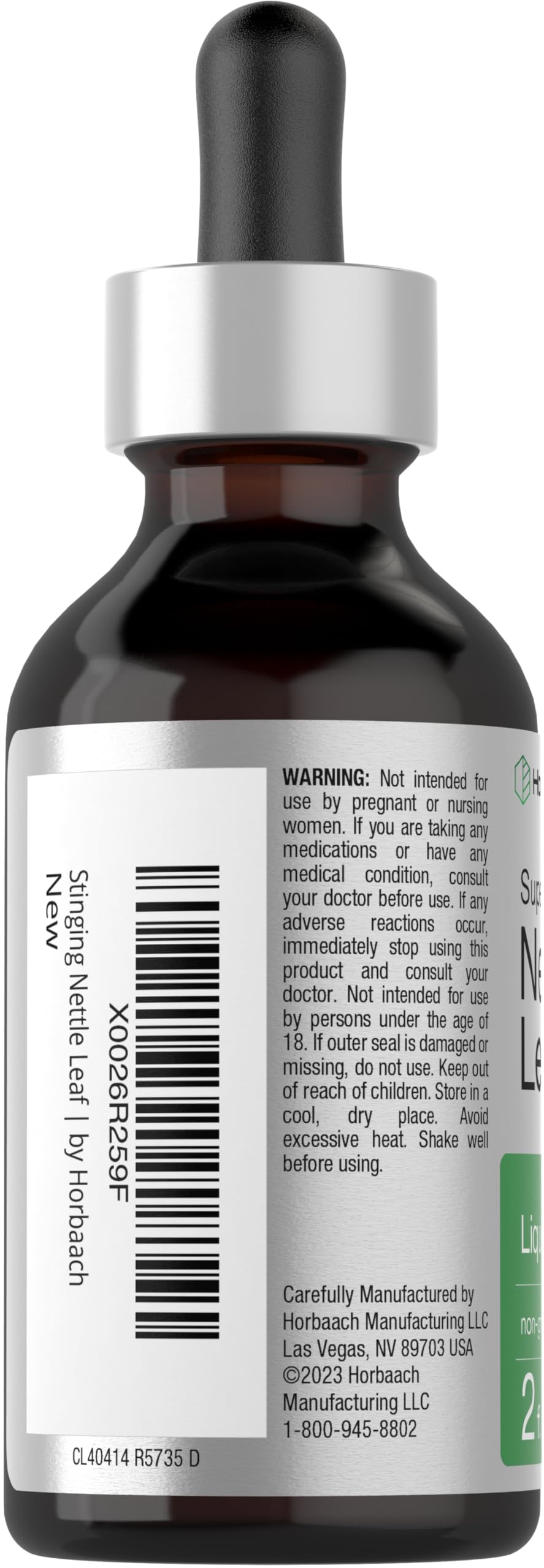Back label of Horbäach nettle leaf herbal supplement highlighting product ingredients and daily usage instructions