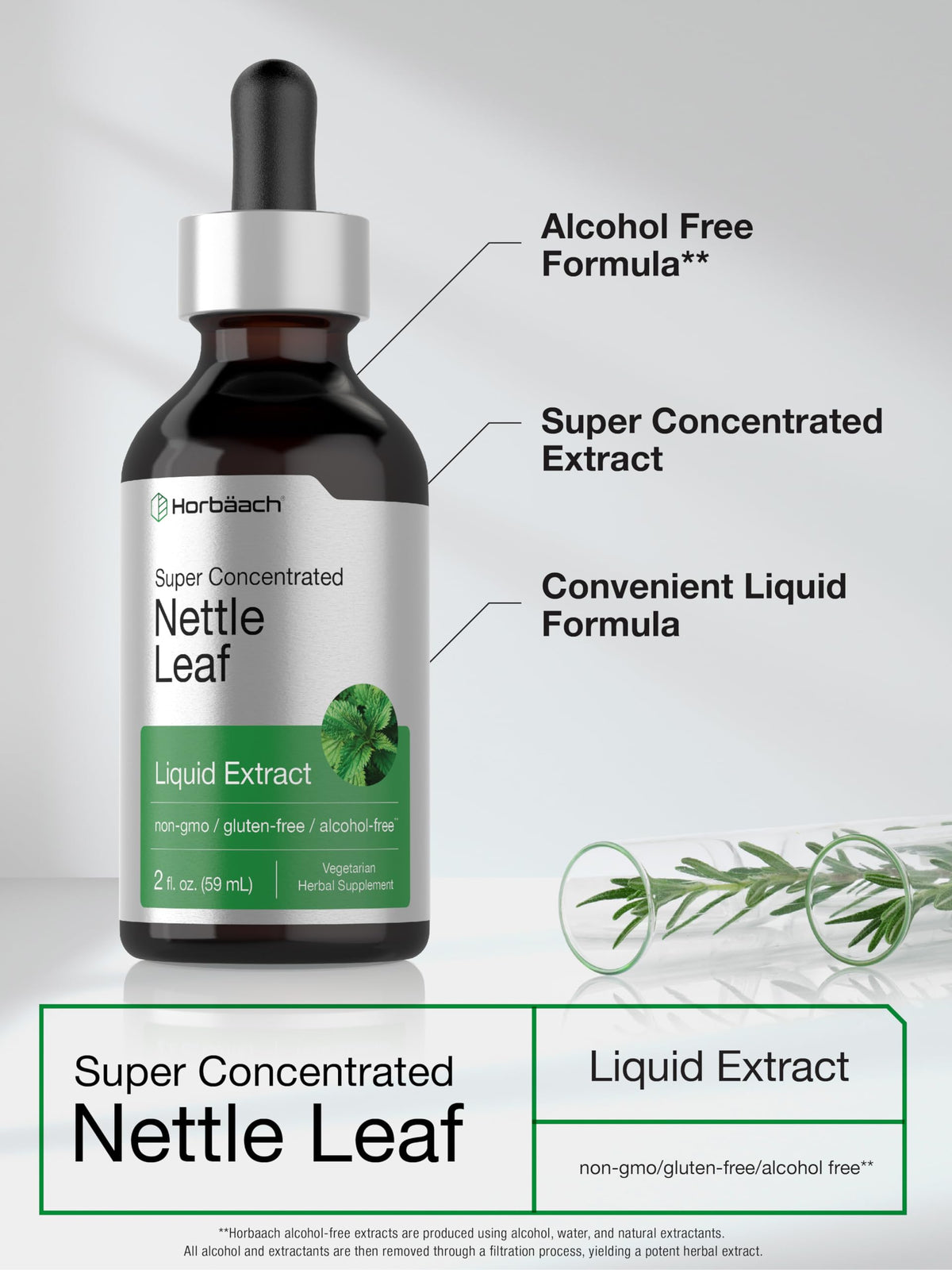 Horbäach alcohol free nettle leaf dropper bottle displaying super concentrated formula details