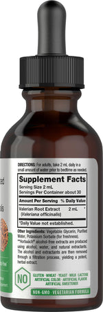 Horbäach alcohol free valerian root liquid tincture product label showing vegetarian and non-GMO seals.