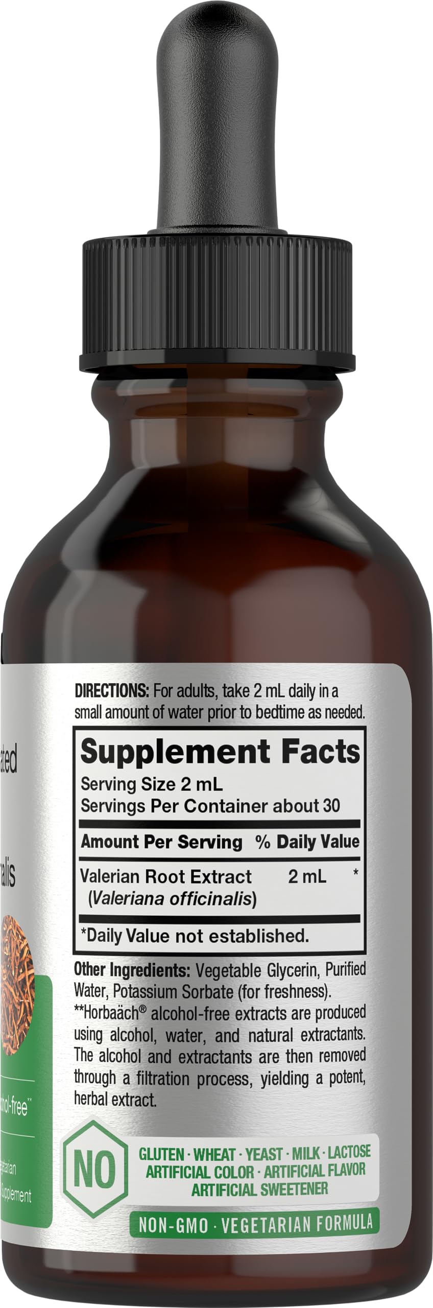 Horbäach alcohol free valerian root liquid tincture product label showing vegetarian and non-GMO seals.