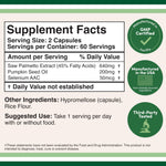 Double Wood Prostate Support supplement facts label showing saw palmetto and pumpkin seed oil dosages