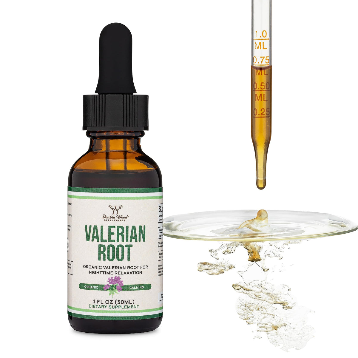 Double Wood organic valerian root dropper bottle showing one fluid ounce size details