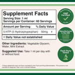 Liquid 5-HTP supplement bottle showing 60 servings and 50mg dosage.