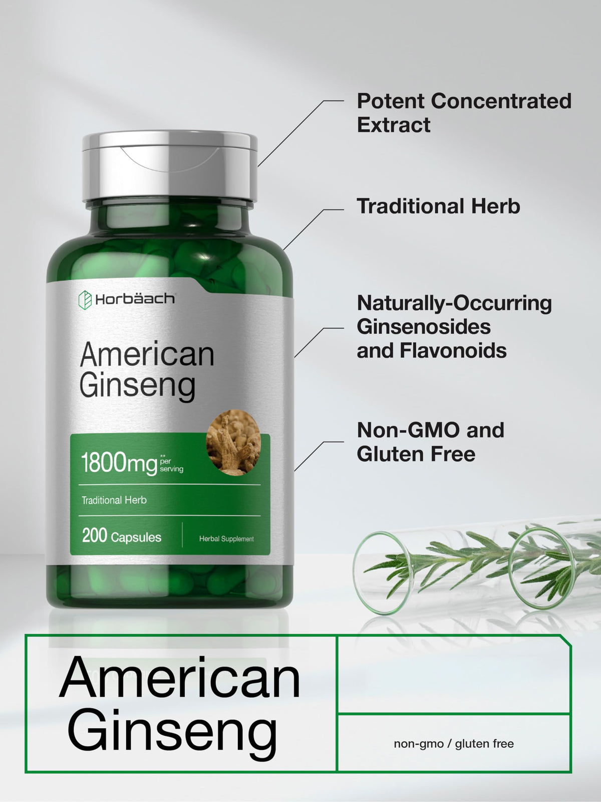 Horbaach American Ginseng 200 count bottle side view