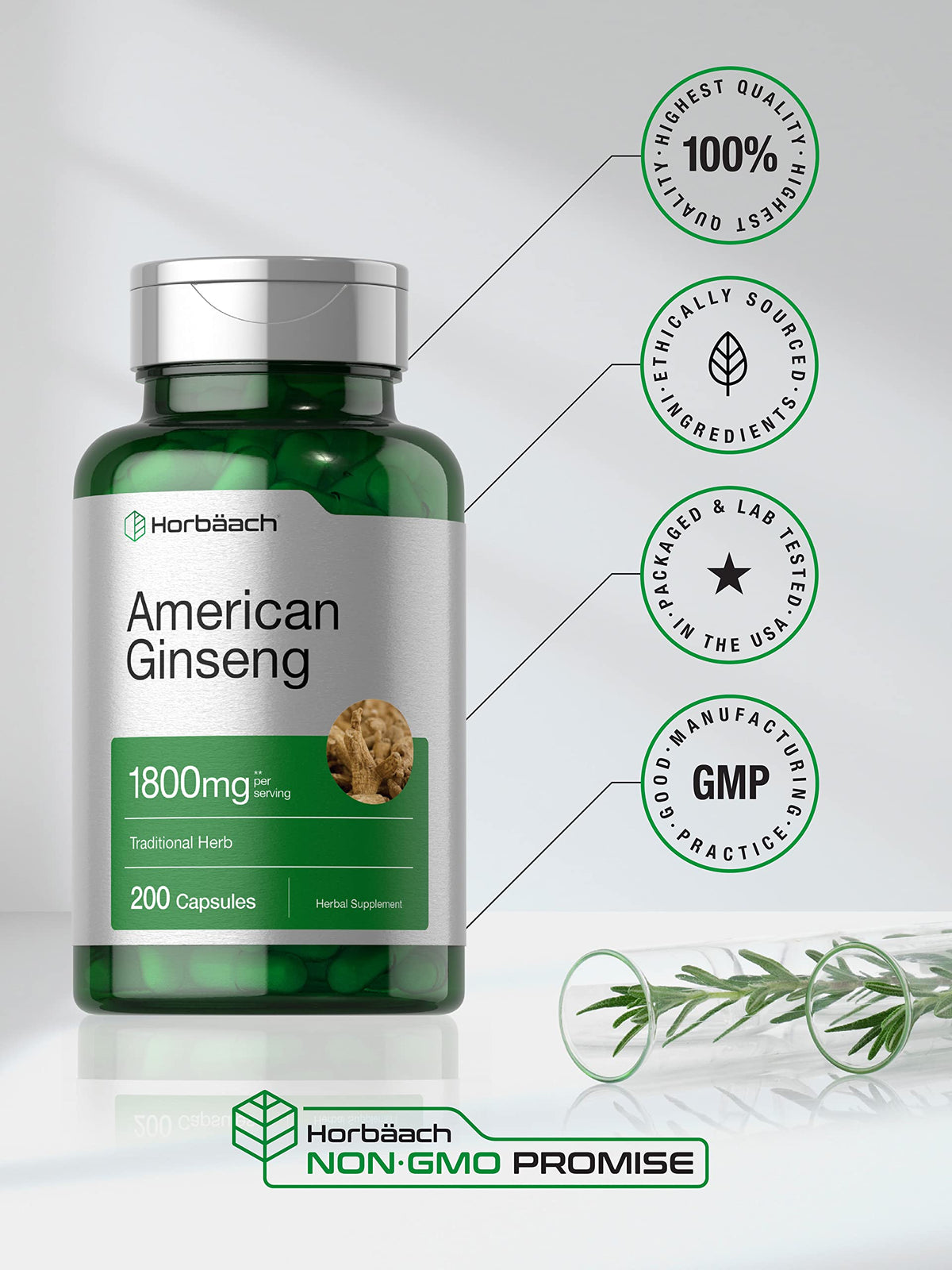 Close up of Horbaach American Ginseng supplement packaging