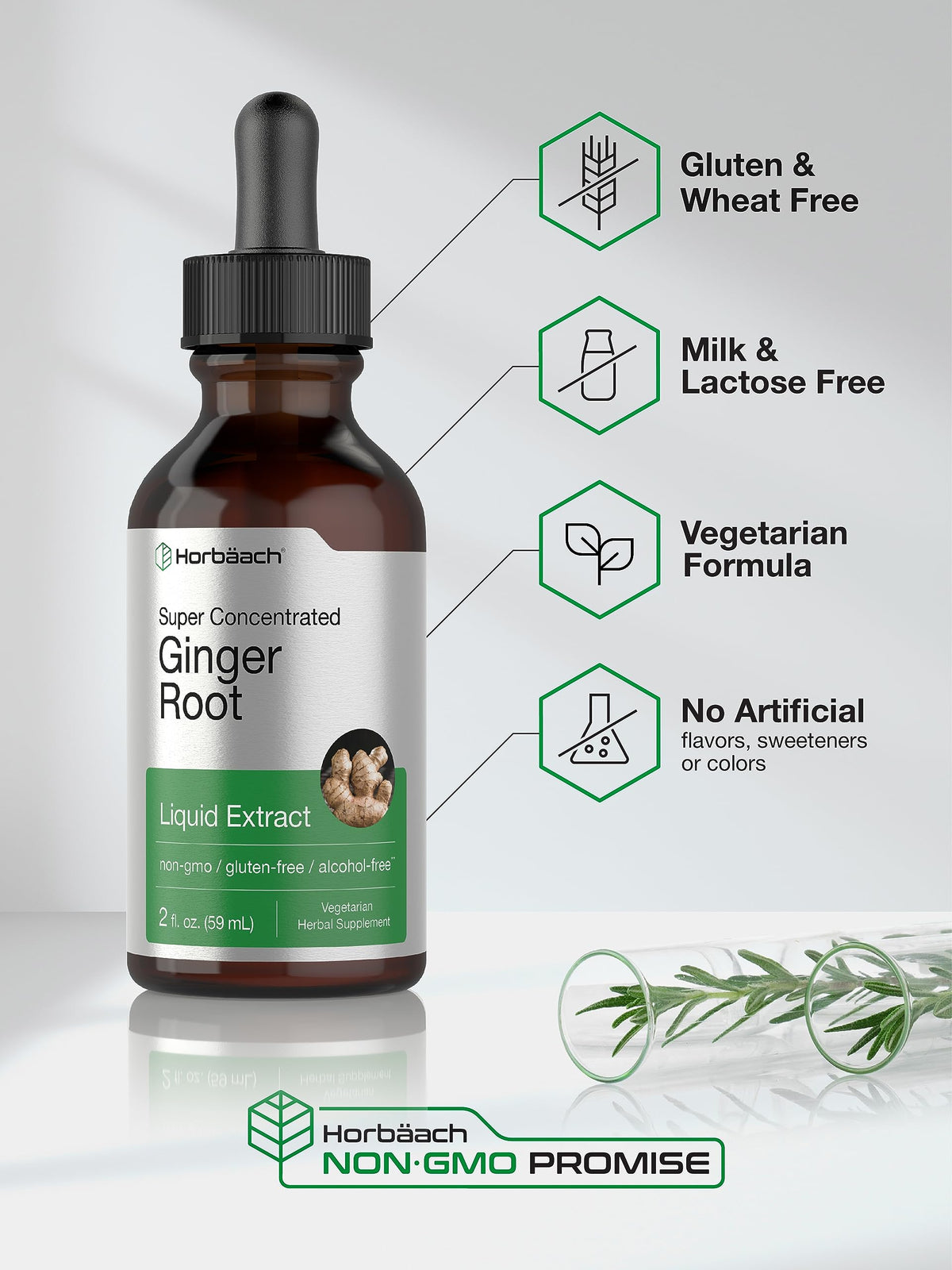 Close-up of the dropper applicator on the Horbäach ginger root extract bottle.