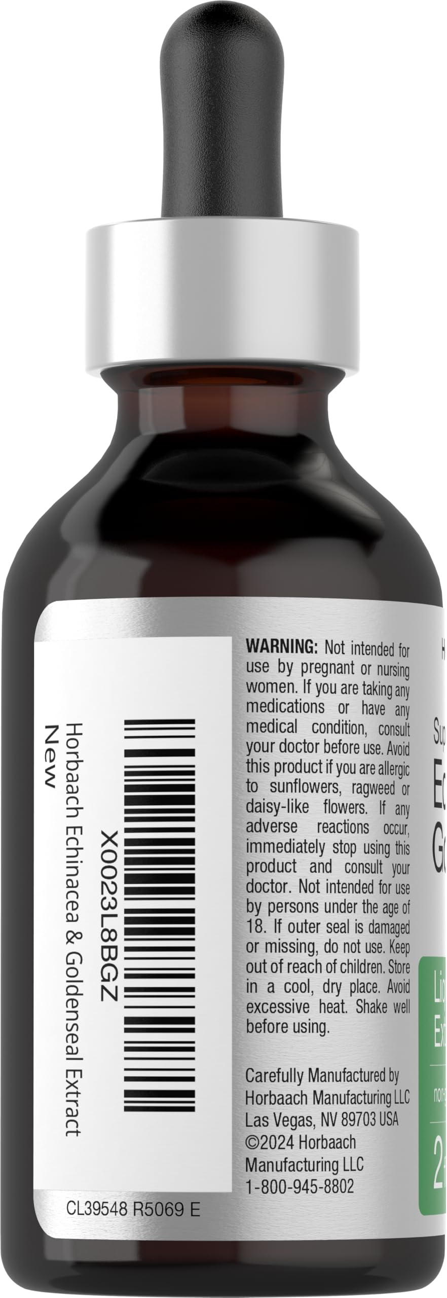 Side view of Horbäach Echinacea and Goldenseal 2 fluid ounce bottle