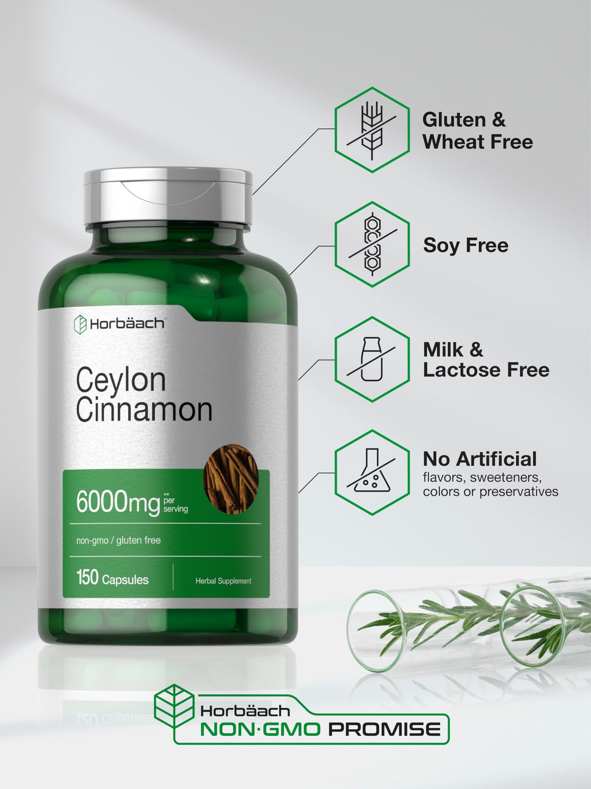 Close up of Horbäach Ceylon Cinnamon quick release capsules bottle