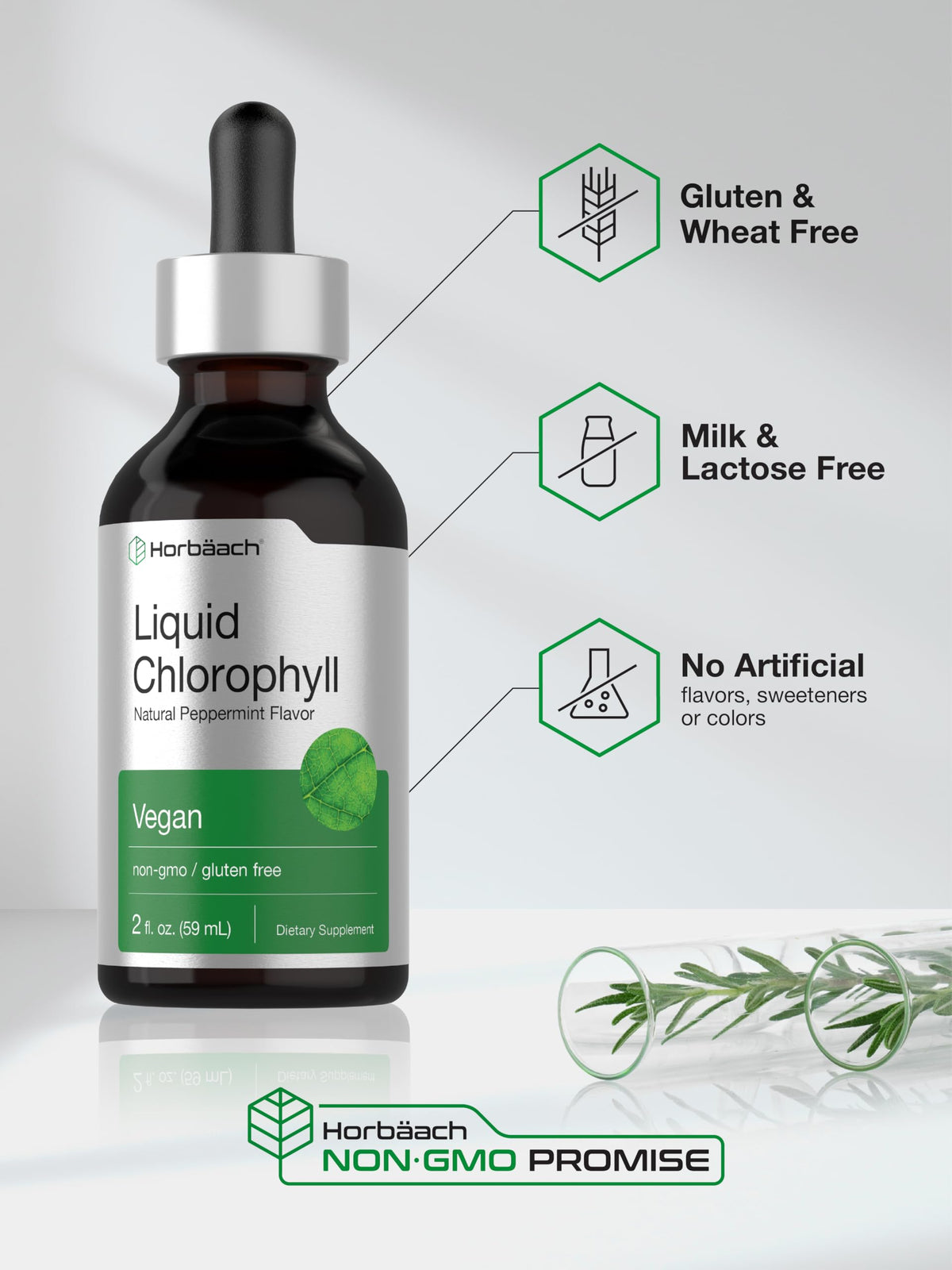 Horbaach liquid chlorophyll two fluid ounces glass bottle close up