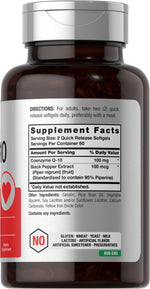 Horbäach Coenzyme Q10 100mg dietary supplement packaging details and ingredient list panel.