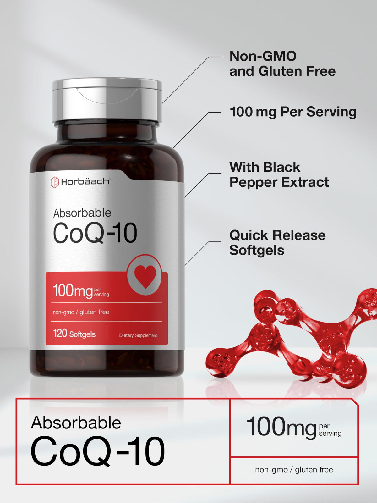 Authentic USA imported Horbäach CoQ10 bottle highlighting the heart health support benefit.