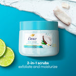 Back label of Dove Moisturizing Body Scrub showing directions for use and product ingredients.