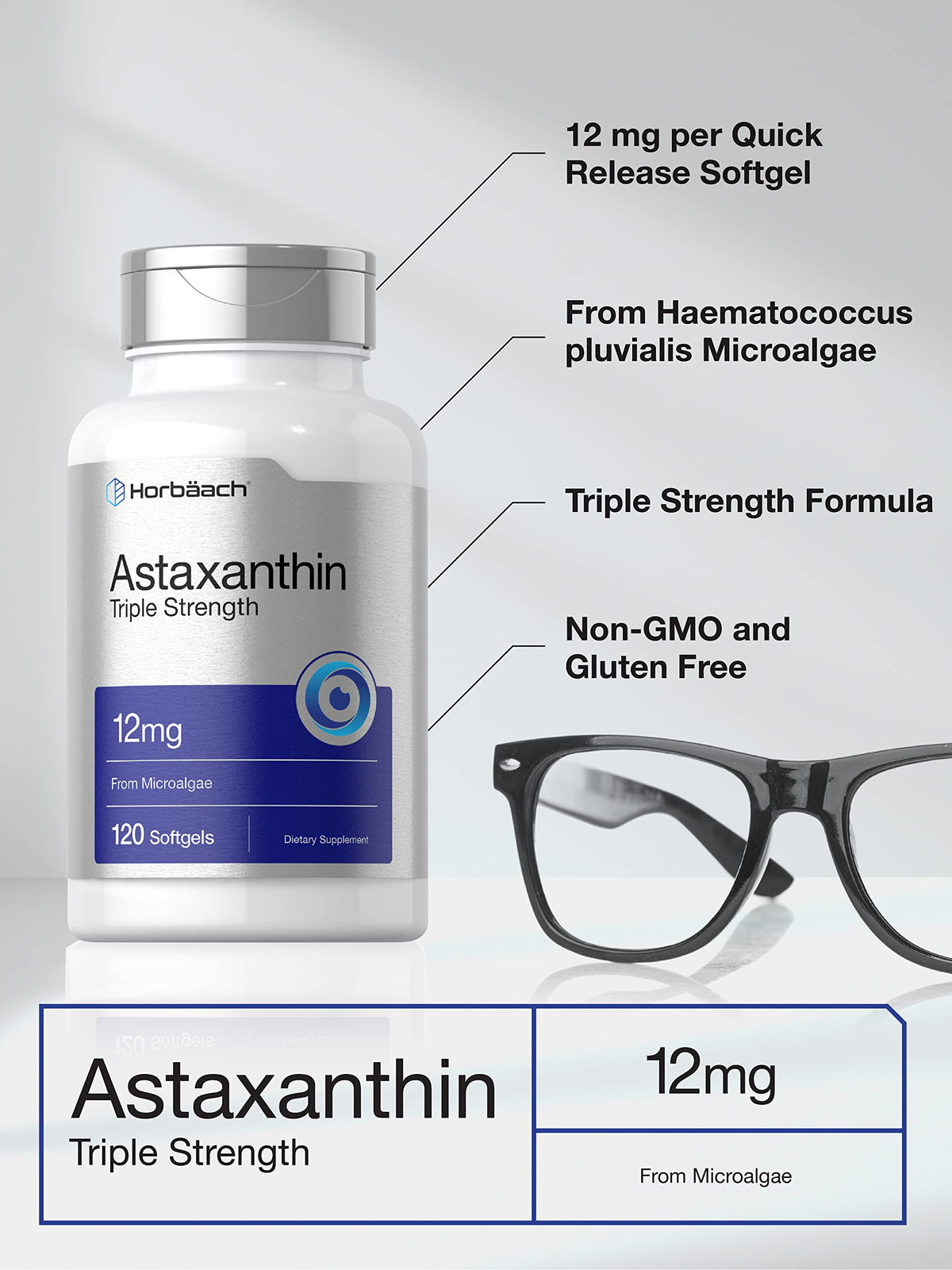 Horbaach non GMO and gluten free microalgae astaxanthin softgel capsules close up