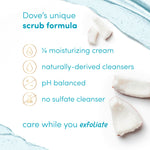Top angle view of Dove 15 Ounce moisturizing body scrub container with a focus on the secure white lid.