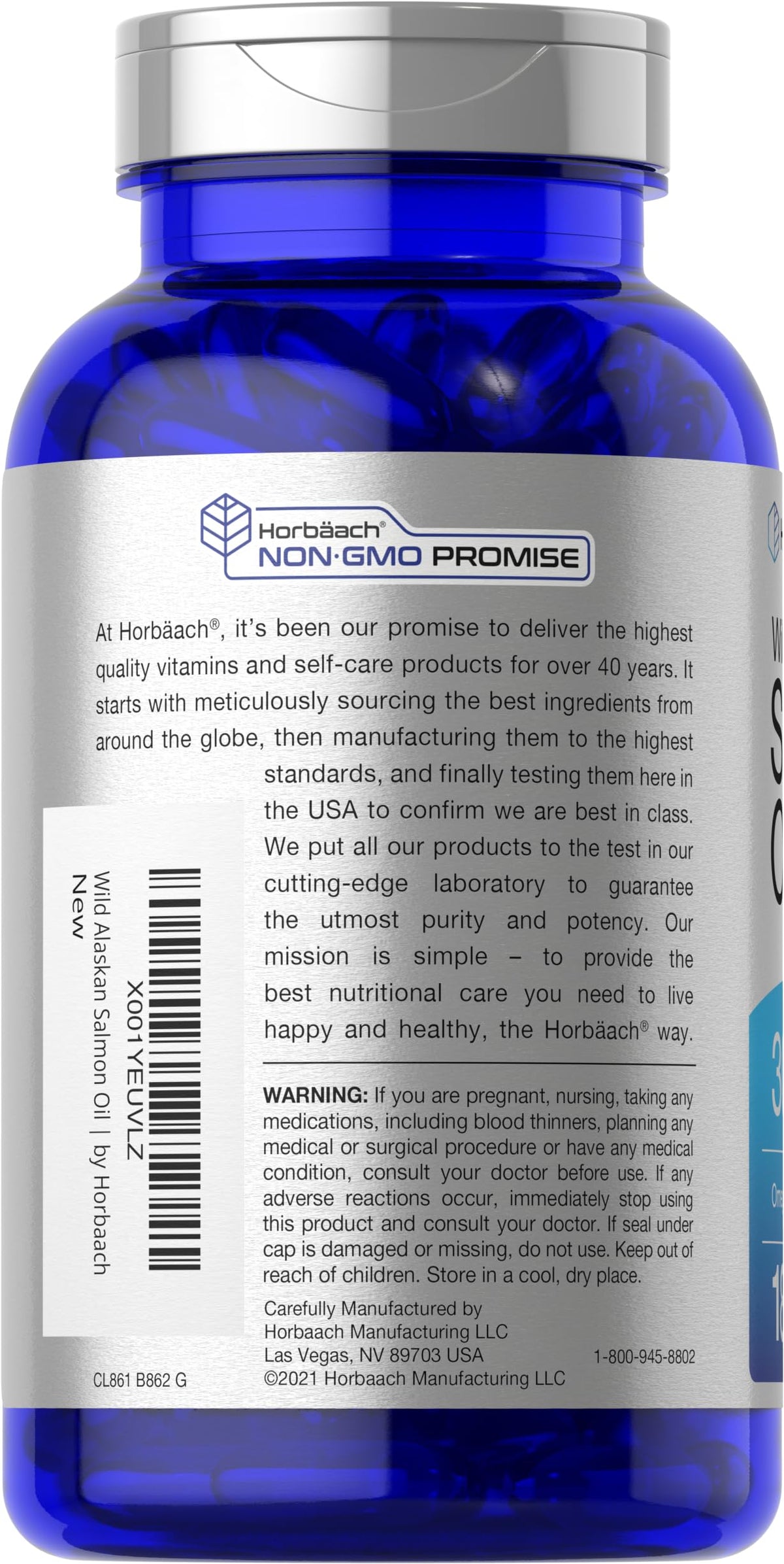 Horbaach Omega 3 fatty acids EPA and DHA 2000 mg softgels spilled next to packaging.