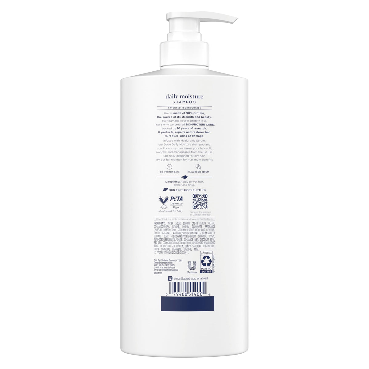 Dove daily moisture shampoo twenty eight fluid ounce pump bottle packaging detail