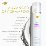 Back label of Dove Advanced dry shampoo showing directions and product features.