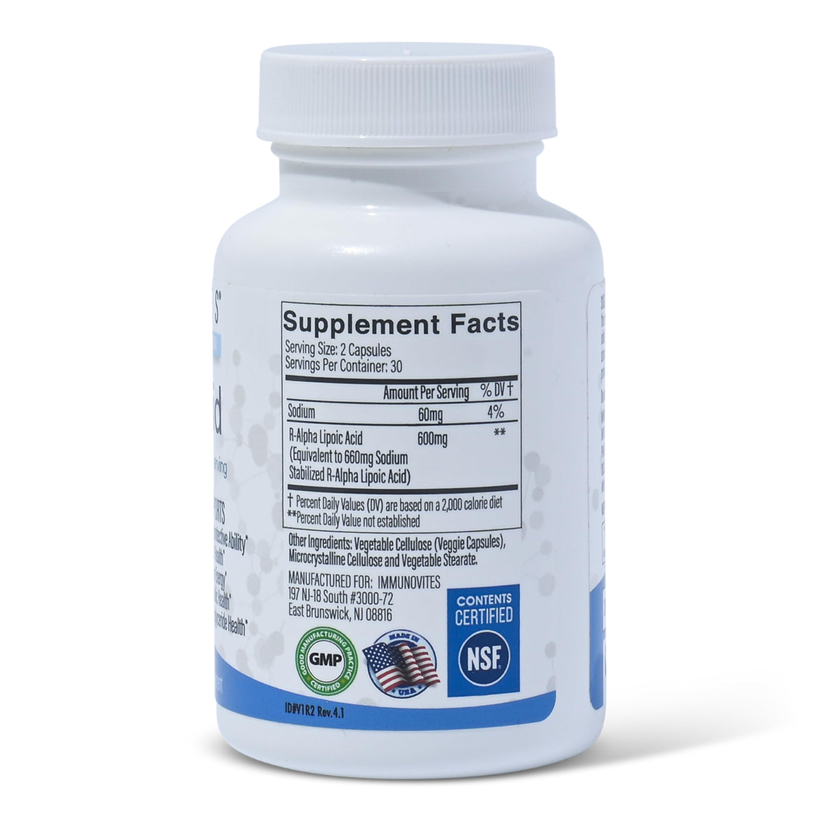 Immunovites R-ALA 600mg supplement facts label