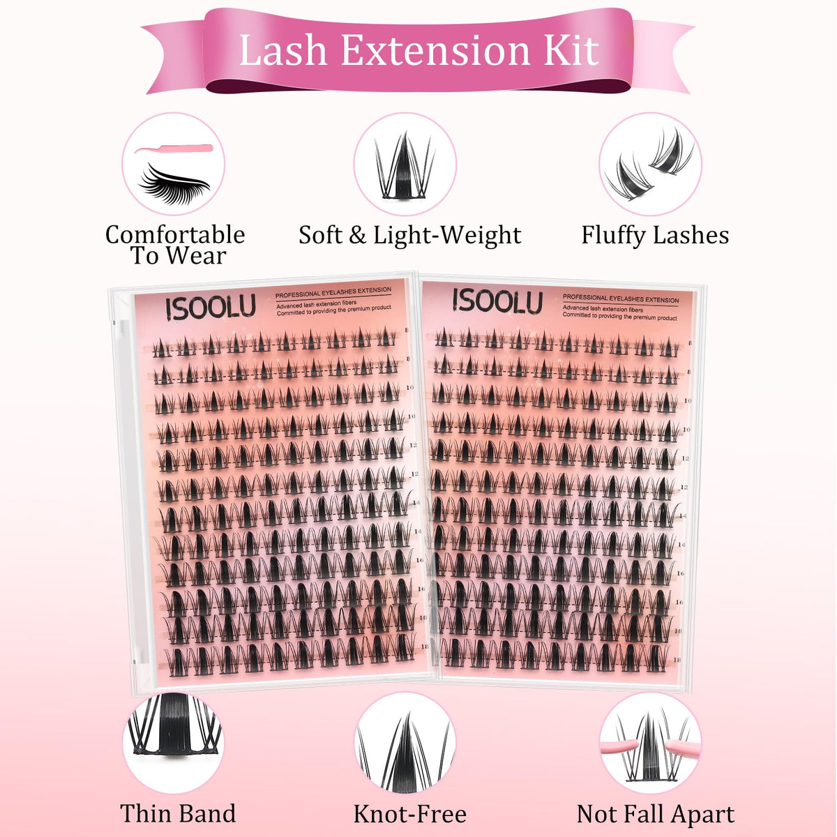 Close up of the C Curl wispy eyelash clusters in lengths ranging from 8mm to 16mm.
