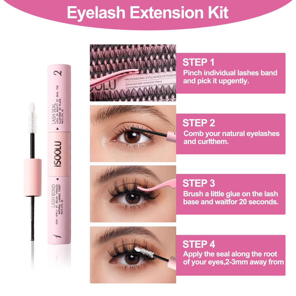 Product packaging displaying the waterproof lash bond and seal components for DIY application.