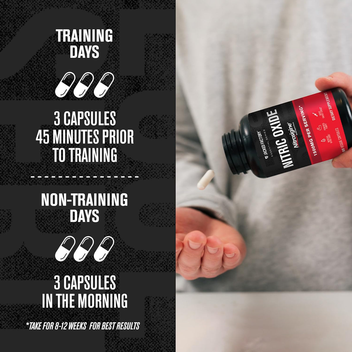 Premium muscle pump supplement capsules from Jacked Factory Essentials series showing product details