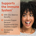 Close up shot of the Jarrow Formulas OptiZinc bottle highlighting immune and antioxidant protection benefits.