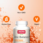 Top down perspective of Jarrow Formulas Zinc Balance 100 capsule container detailing clean dietary features.