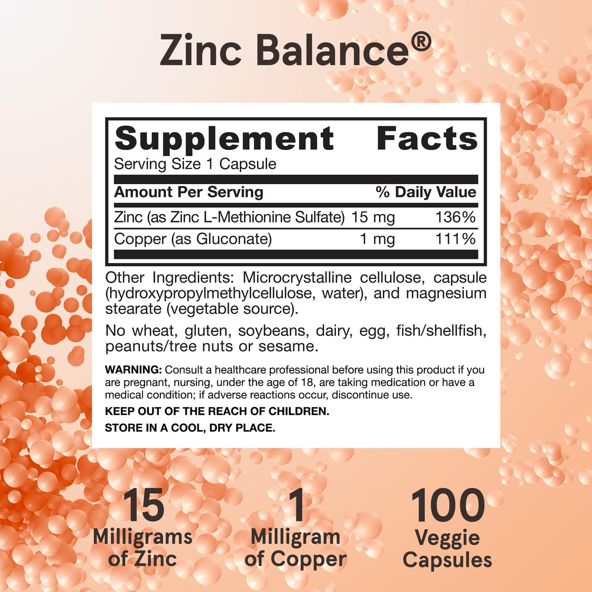 Authentic USA imported Jarrow Formulas Zinc Balance container displaying vegetarian capsule specifications.