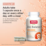 Nutritional facts panel on Jarrow Zinc Balance bottle detailing 15 milligrams of zinc and 1 milligram of copper.