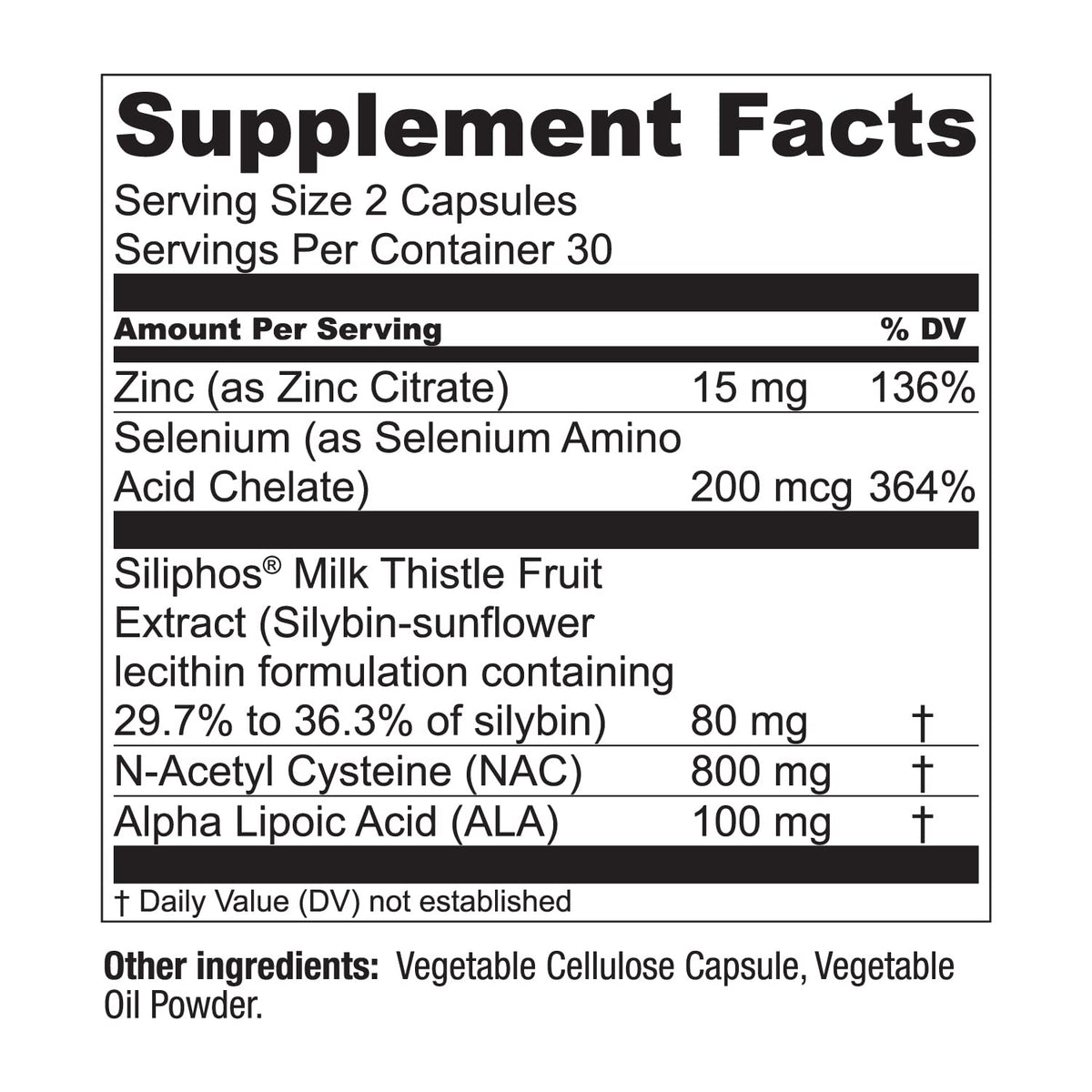 Supplement facts label on the back of Live Conscious LiverWell capsules