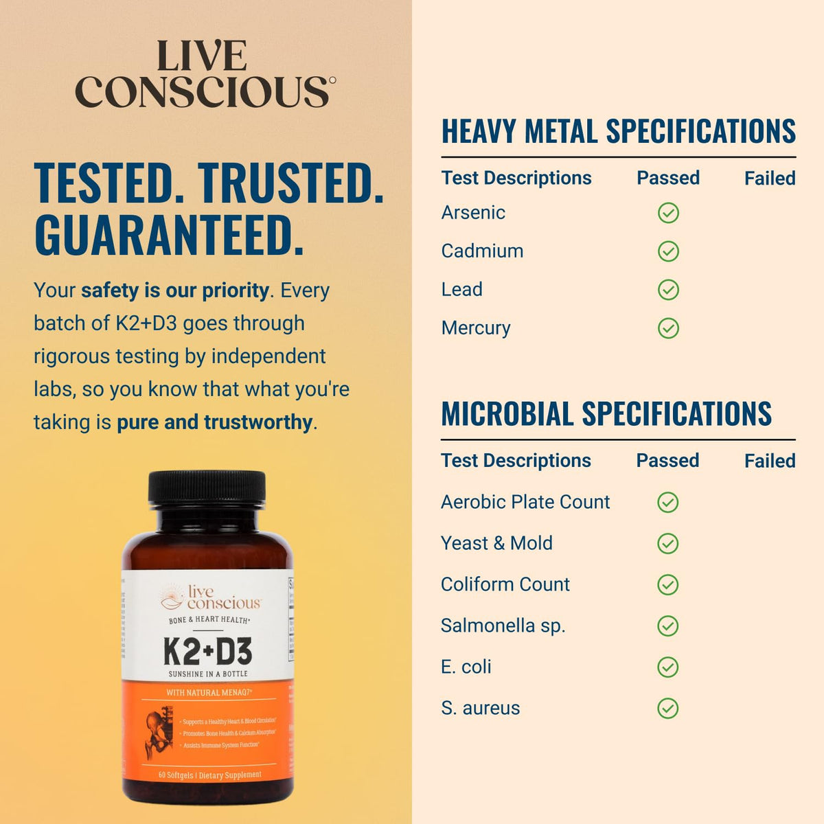 Live Conscious K2 D3 MenaQ7 patented formula bottle on stable background