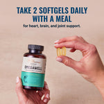 Live Conscious Omega 3 2000 milligrams lemon flavored softgels nutritional supplement overview showing actual bottle size